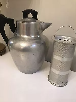 Vtg Super Maid Cast Aluminum Pitcher/Coffee/Tea Pot With Wooden Handle Strainer • $22