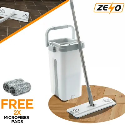 360° Flat Mop Bucket Set Squeeze Dry Microfibre Floor Mop Cleaner 2 Refill Pads • £10.95