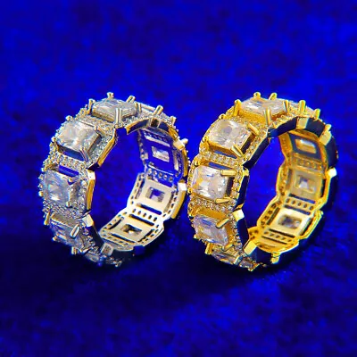 Mens Hip Hop 24k Gold 925 Silver Bling Princess Cut Prong Set Flooded Ice Rings • $39.99