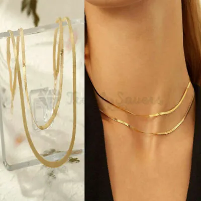 £4.99 • Buy 18K Gold Plated Double Layer Flat Herringbone Snake Chain Necklace Women Jewelry