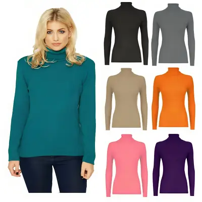 Womens Ladies Skinny Ribbed Polo Turtle High Roll Neck Long Sleeve Top Uk 8-26 • £6.89