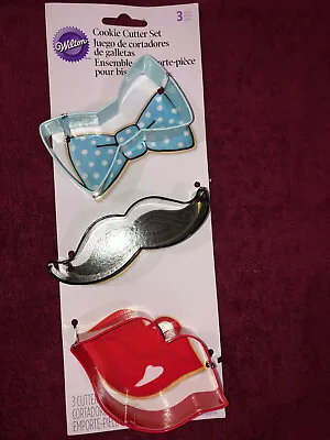 NWT WILTON Bow Tie Mustache Lips Colored Metal Cookie Cutter 3 Pc Set Wilton • $7