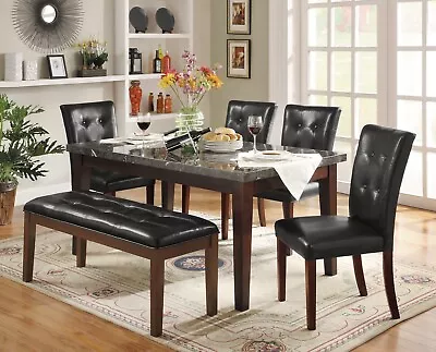 Kitchen Room 6pc Dining Set Marble Top Dining Table Bench 4 Side Chairs Wooden • $1399