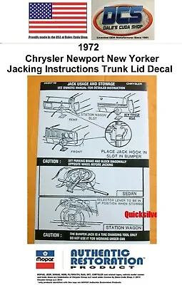 1972 Chrysler Newport New Yorker Jacking Instructions Trunk Lid Decal NEW MoPar • $6.99