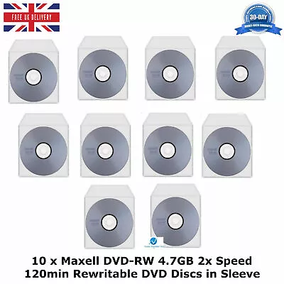 10 X Maxell DVD-RW Storage 4.7GB 2x Speed 120min Re-Writable DVD Discs In Sleeve • £9.99