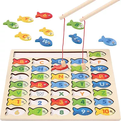 Children Kid Wooden Magnetic Logarithmic Board Number Letter Puzzle Fishing Game • £15.44