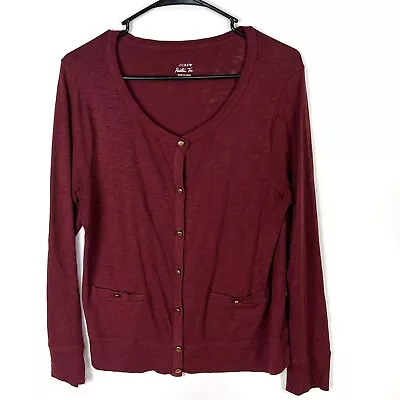 J Crew Painter Tee  Women Size L Maroon Pockets 100% Cotton Gold Button Cardigan • $24.95