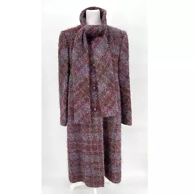 Vintage 80s 90s Purple Plaid Wool Boucle Overcoat Scarf Button Pockets Sz Large • $125