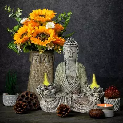 Garden Buddha Statue Large With Solar Lights Resin Yard PorchDeco Zen L • £20.86