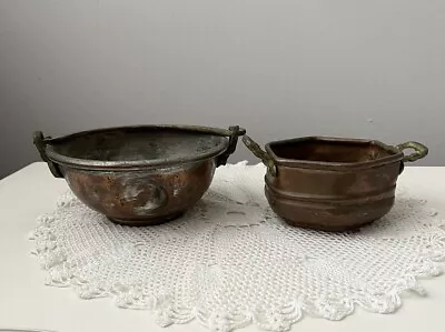 2 Small Vtg Copper Buckets #1-W/ Metal Handle #2-W/ 2 Handles Rustic Decor • $55