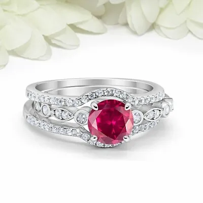 Vintage 1.55 CT Round Ruby 3 Piece Trio Wedding Bridal Set 925 Sterling Silver • $113.99