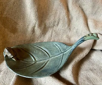 Verdigris Leaf Shaped Bowl With Mouse Green Patina Vintage Bronze Metal Dish Old • $29.99