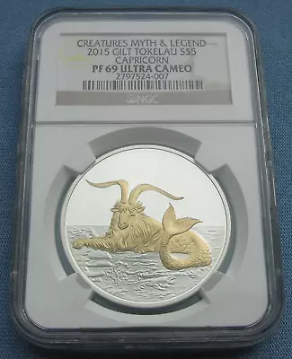 2015 Tokelau $5 Capricornus Gilded 1 Oz Silver NGC PF 69 UCAM (Capricorn Zodiac) • $79.99