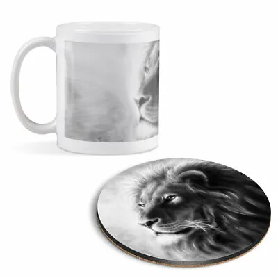 £9.99 • Buy Mug & Round Coaster Set - BW - Majestic Lion Big Cat   #41479