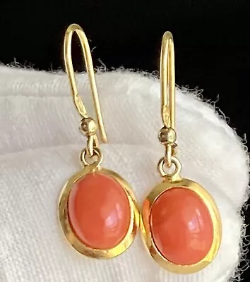 Vintage Orange Coral Cabochon Earrings Drop Bezel Set Gold Stamped 800 *639 2.4g • $85