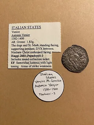 Italian States 1382-1400 Venice AR Grosso Coin With Collector Tag • $70