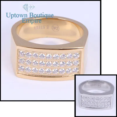 Men Gold Plated Stainless Steel Micro Paved 3 Rows CZ Pinky Band Ring Size 8-13 • $13.99