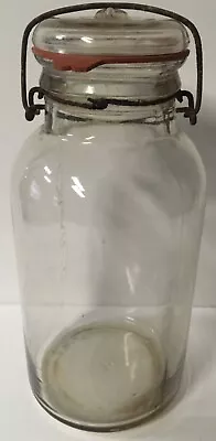 Vintage Smoky Clear Round #4 Base 1/2 Gallon Fruit Jar Glass Lid Wire Bail Top • $10.79