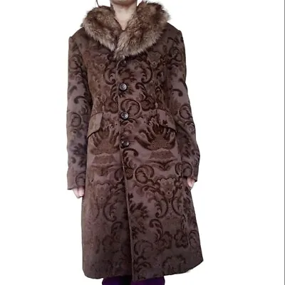 Vintage Brown Faux Fur Brocade Unique Business Casual Blazer Trench Coat Size XL • $73.16