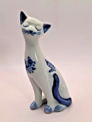 Blue & White Cat Figure Porcelain Vintage Closed Eyes Lovely 5.75  Thailand • $18