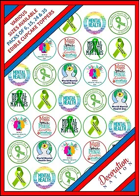 35x Mental Health Awareness Mix Edible Cupcake Cake Toppers Wafer Icing 6 15 24 • £6.49