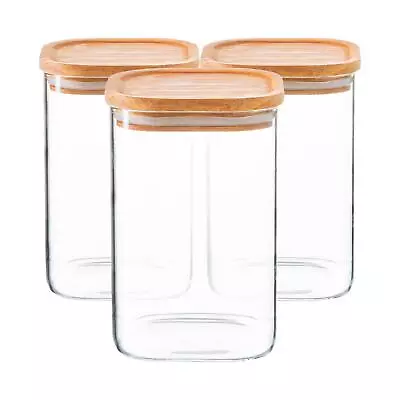 £22.98 • Buy 6x Square Glass Storage Jars With Wooden Lids Kitchen Food Canister 1.1 Litre