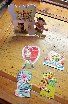 Lot 5 Antique Valentine Cards Die Cut (2) Mechanical (2) Stand-Up UNUSUAL • $14.99