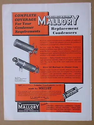 Vintage 1940 P.R MALLORY Co. Magazine AD ~ Replacement CONDENSERS ~ Indianapolis • $5.24