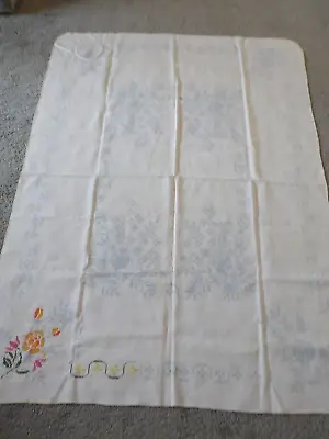 Vintage Unfinished Stamped Cross Stitch Embroidery Linen Tablecloth Floral Roses • $22.49