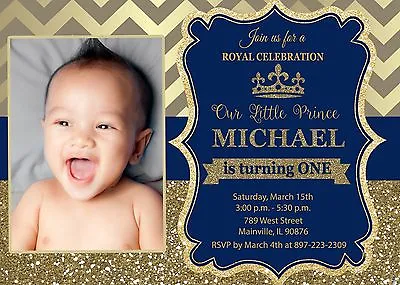 Prince Royal King Blue Gold First Birthday One Birthday Party Invitation • $45