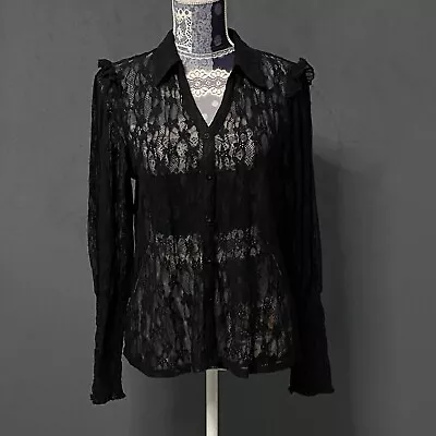 Amber Skies Womens Large Black Lace Blouse V Neck Button Up Balloon Sleeve Top • $22.49