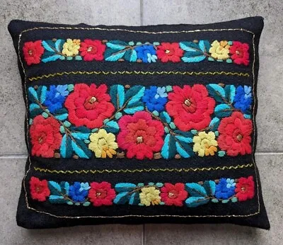 Vtg Wool Pillow Crewel Folk Art Floral Embroidery Mexico? Unique Frida Colorful  • $44.99