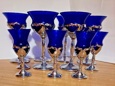 11 Pc Set Of Cambridge Farberware Chrome Cocktail Glass Cobalt Blue • $125