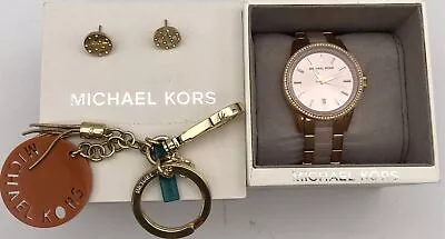 Michael Kors 6.5in Quartz Analog Watch IOB Stud Earrings & Keychain • $9.99