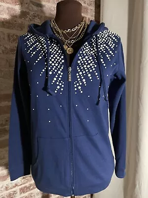 New! Quaker Factory Blue Pearl Embellished Zip Up Hoodie Casual Jacket Women XS • $35