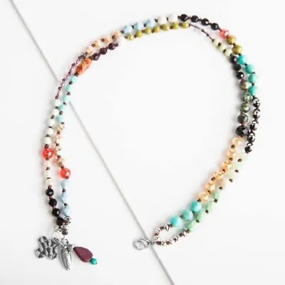 Plunder Design Joelle Lanyard Necklace Multi Colored Bead Cross & Leaf Charm NIB • $22.95
