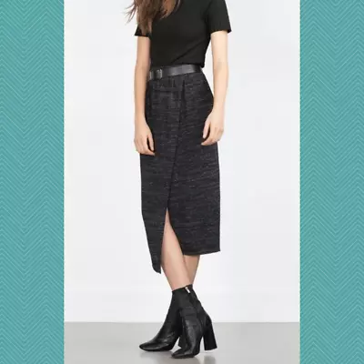 $30 • Buy Zara Knit Heathered Black Elastic Waist Front Slit Midi Tulip Skirt | Women's S