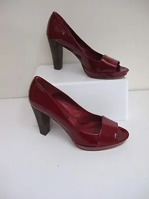 ZARA Dark Red Patet Court Shoes Block Heel Peep Toe Size 3 • £14.95