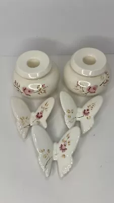 Homeco Porcelain Butterflies And Candle Holder Set. VTG Ivory And Pink Florals • £25.06