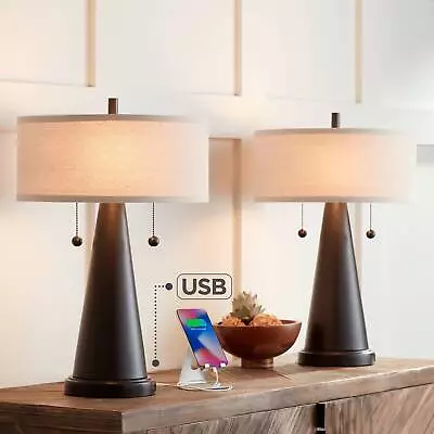 Craig Rustic Farmhouse Accent Table Lamps 23  High Set Of 2 Bronze With USB Port • $109.95