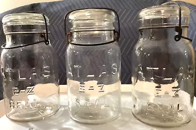 3 VINTAGE ATLAS E-Z SEAL QUART JARS With Lids & Wire Bails - Excellent Condition • $14