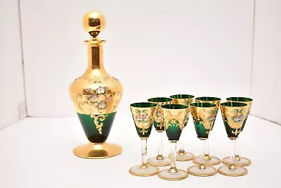 SET 8 MURANO Green GLASS TRE FUOCHI GOLD Decanter Venetian Cordial Wine Glasses • $227.52