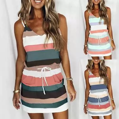 Womens Striped Summer Mini Dress Ladies Sleeveless Strappy V Neck Beach Sundress • £10.29