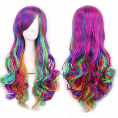 Women Rainbow Wigs Curly Wavy Full Wig Long Hair Hair Party Cosplay Costume Home • £10.99
