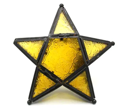 World Market Hanging Yellow Star Glass Metal Tea Light Votive Lantern India • $15.99