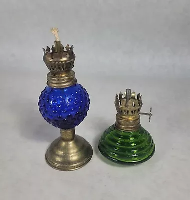 2 Vintage Glass Mini Oil Lamp Hurricane Hong Kong 4  Blue & 2.5  Green • $19.50
