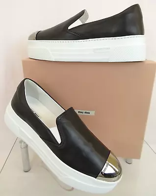 Nib Miu Miu Prada 5s905c Black Leather Logo Metal Cap Toe Platform Loafers 39 • $325