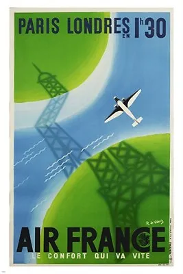 PARIS To LONDON French Airline VINTAGE TRAVEL POSTER Eiffel Tower 20x30 HOT  • $9.99