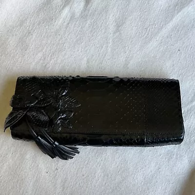 Vintage Gucci Clutch Black Snakeskin Evening Bag With Flower Applique • $450
