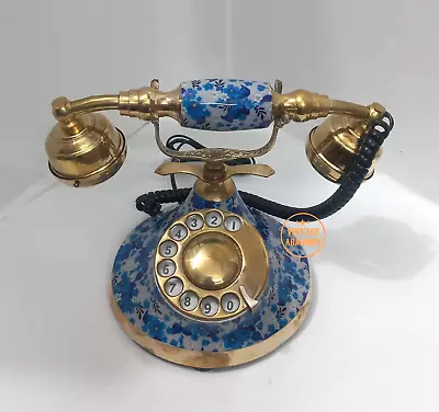 Vintage Brass Retro Rotary Dial Landline Telephone With Working Blue Design • $70